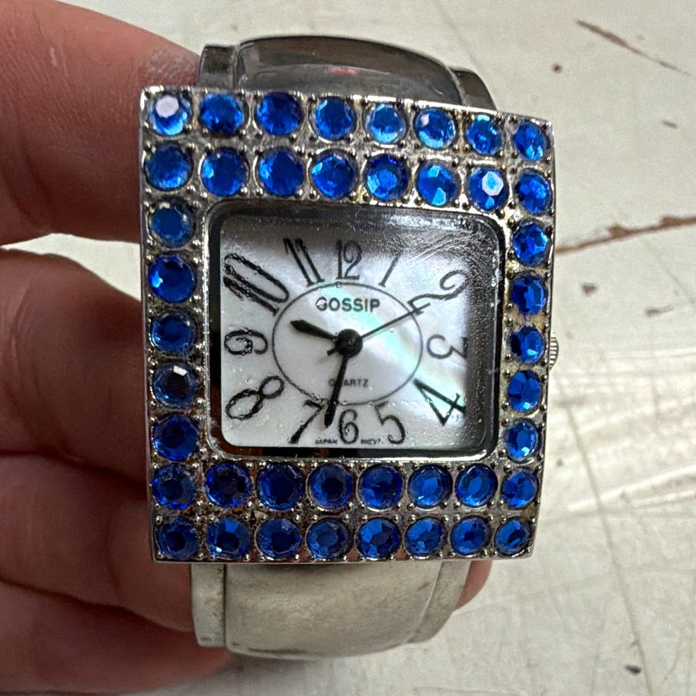Gossip Quartz Women's Silver Tone Cuff Bangle Watch Blue Rhinestone Bezel